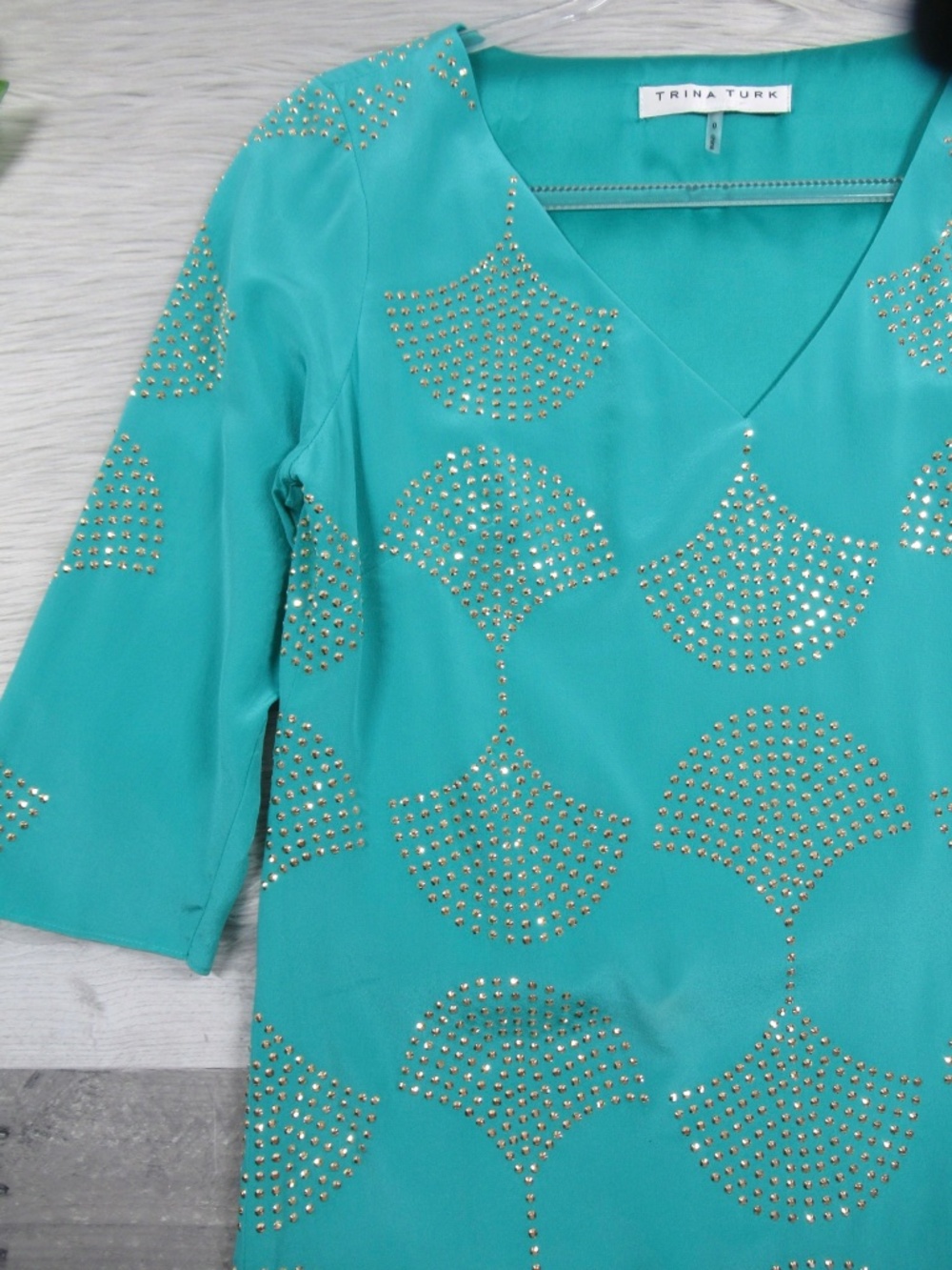 TRINA TURK Glitterat Teal Green Silk Studded Mini Shift Dress Women's Size 0/XS